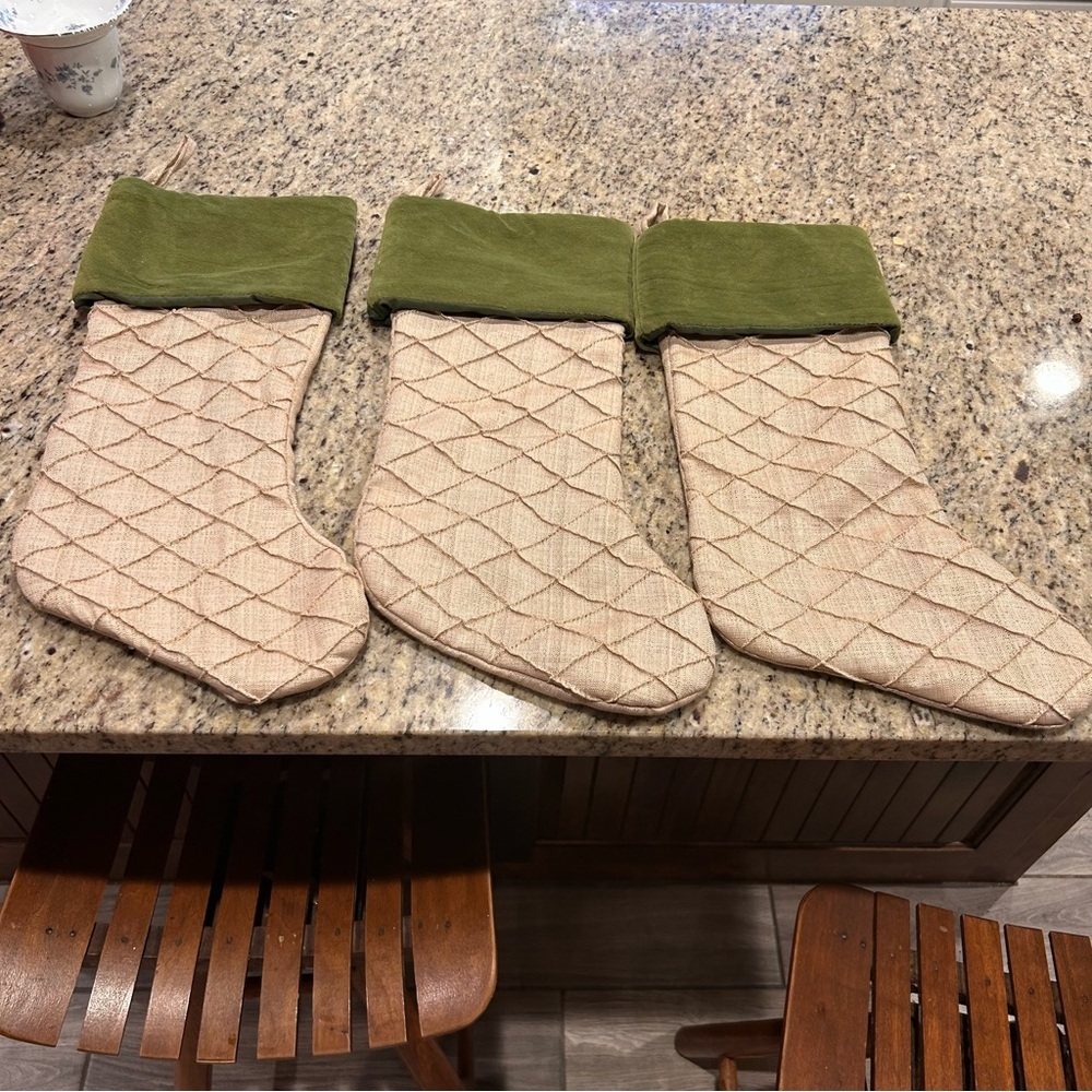 Christmas Stockings Tan Green Burlap Velvet Set of 3 Rustic